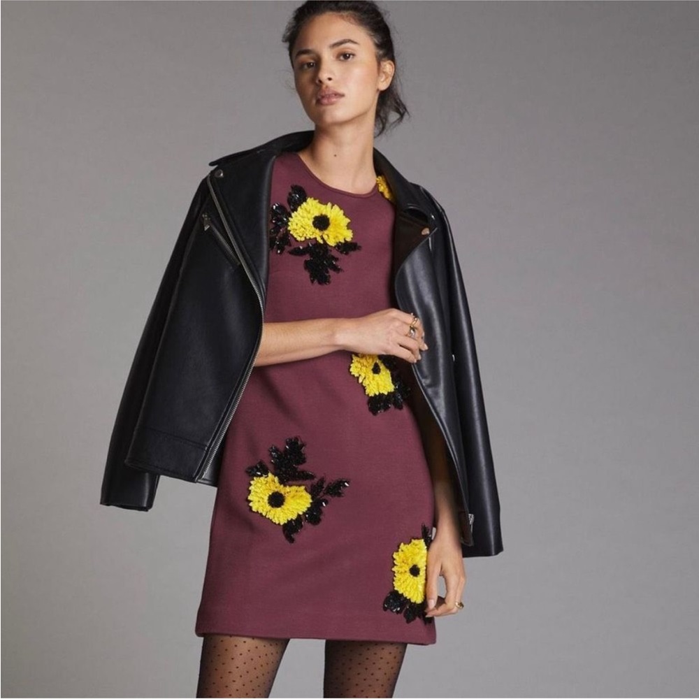 Maroon Floral Appliqué Shift Dress with Yellow Accents